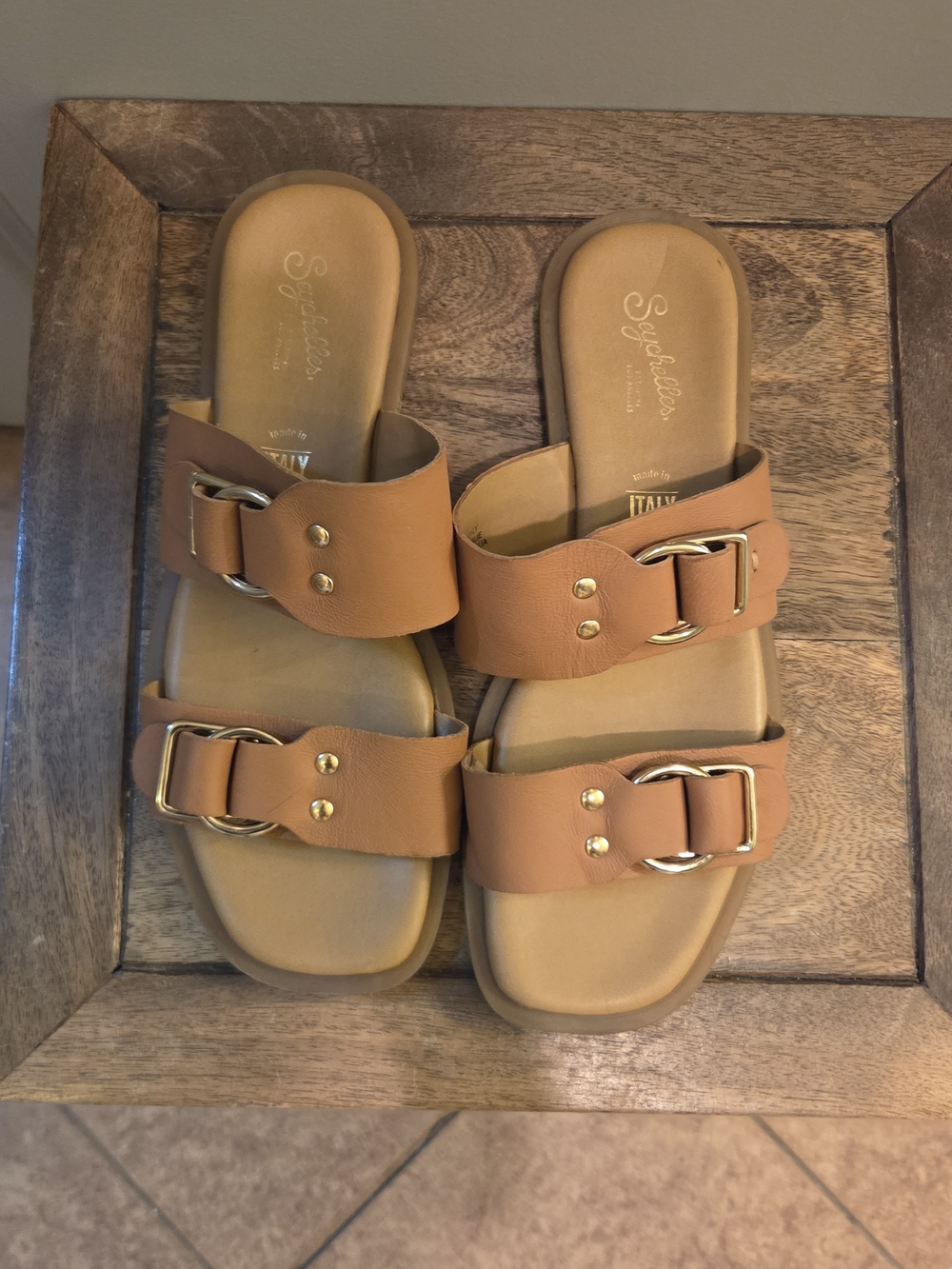 Seychelles Tan Slide Sandals with Buckle Detail - Picture 5 of 6